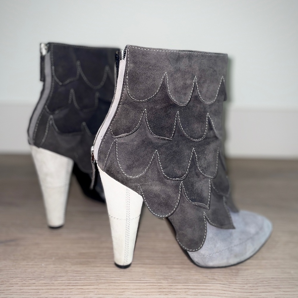 KENZO Women's Heeled Ankle Boots, Suede, Gray and White, Layered Petal Ruffle